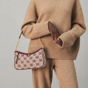 NWT! NEW! Tory Burch T MONOGRAM CHENILLE STUDIO BAG -Claret